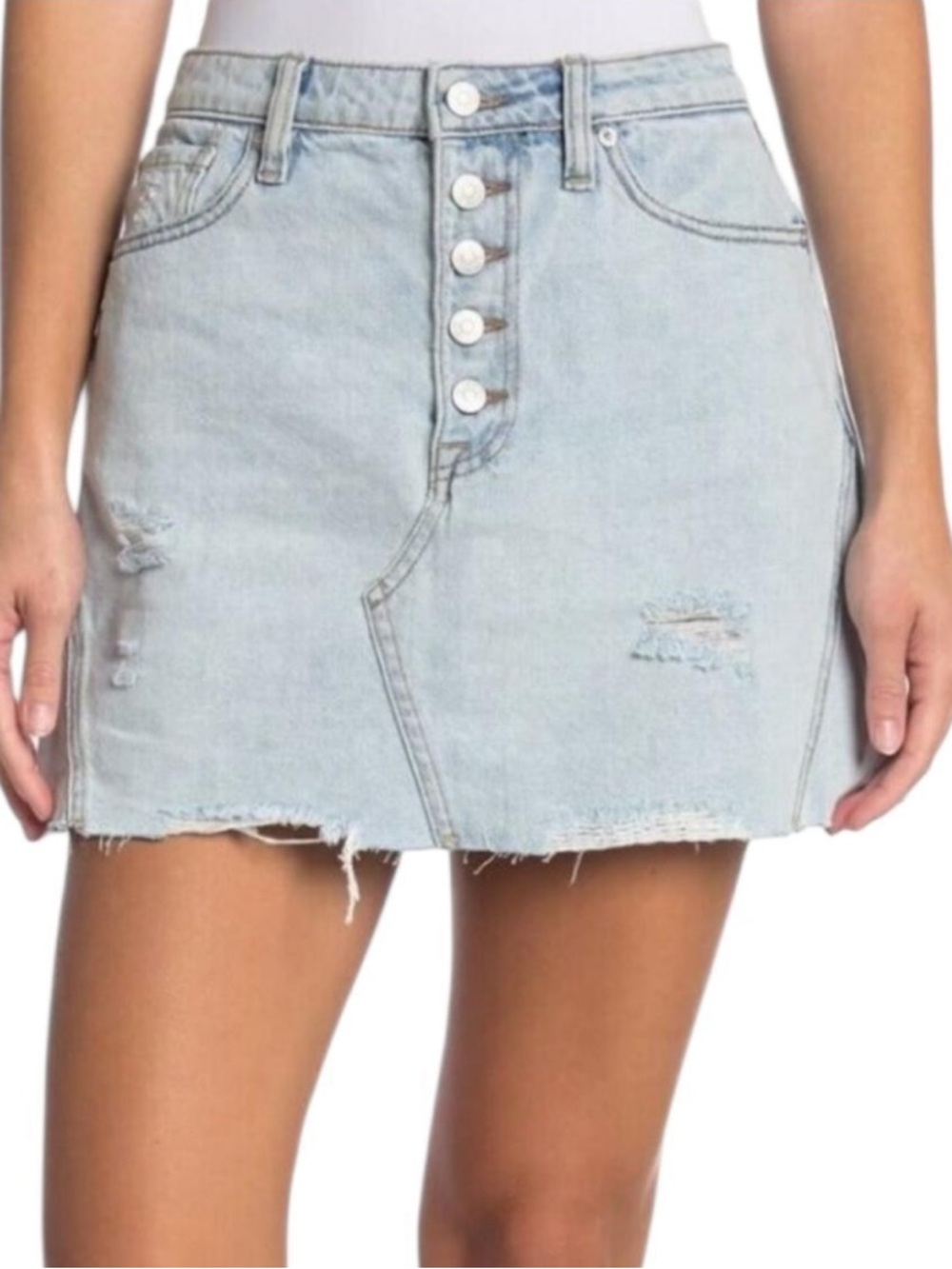 Free People Size 27 Light Blue Distressed Button-Front Denim Mini Skirt